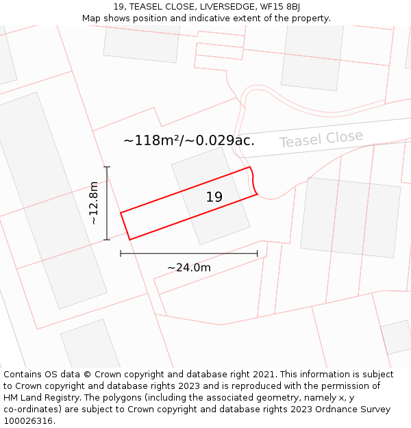 19, TEASEL CLOSE, LIVERSEDGE, WF15 8BJ: Plot and title map
