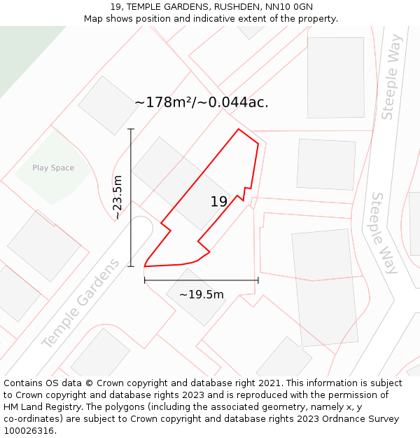 19, TEMPLE GARDENS, RUSHDEN, NN10 0GN: Plot and title map