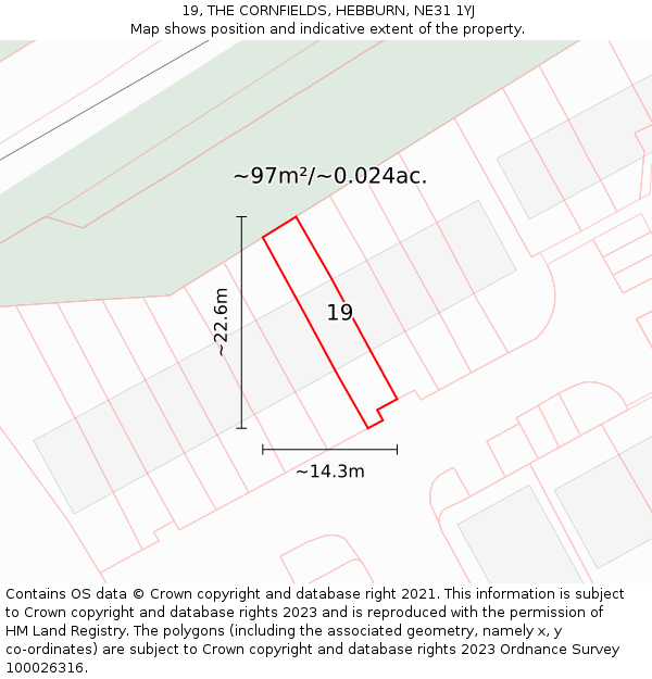 19, THE CORNFIELDS, HEBBURN, NE31 1YJ: Plot and title map