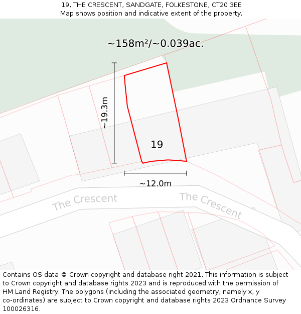 19, THE CRESCENT, SANDGATE, FOLKESTONE, CT20 3EE: Plot and title map