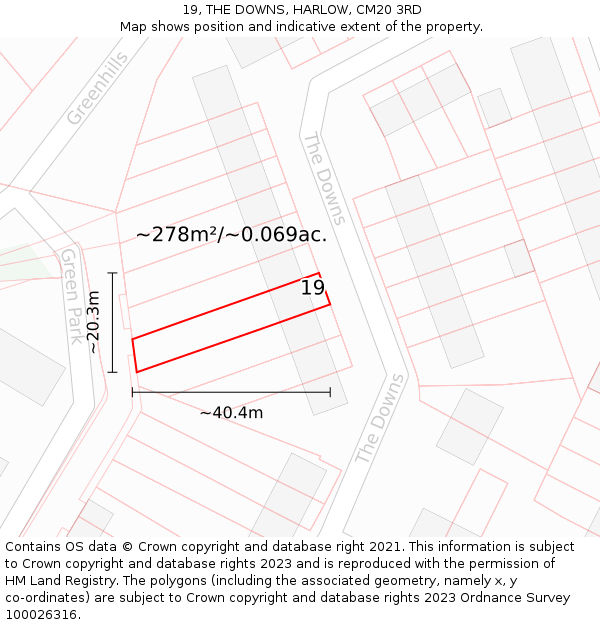 19, THE DOWNS, HARLOW, CM20 3RD: Plot and title map