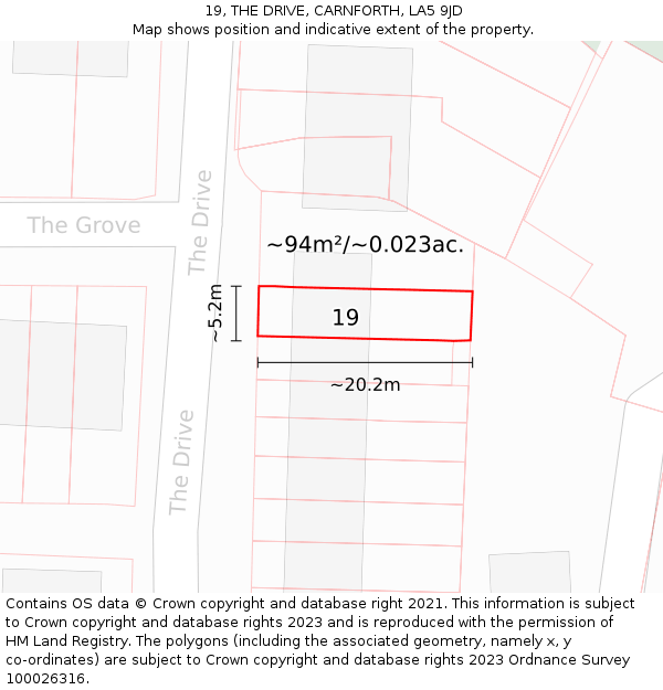 19, THE DRIVE, CARNFORTH, LA5 9JD: Plot and title map