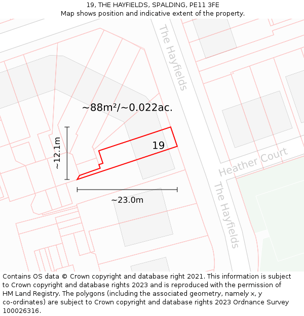 19, THE HAYFIELDS, SPALDING, PE11 3FE: Plot and title map