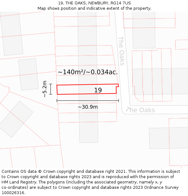 19, THE OAKS, NEWBURY, RG14 7US: Plot and title map
