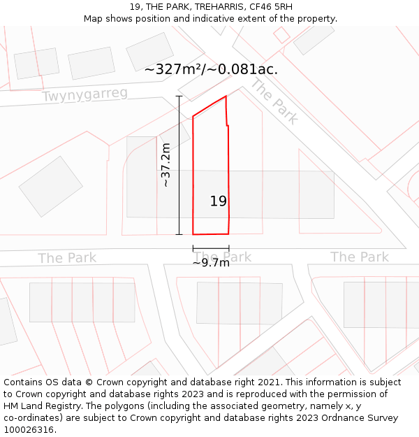 19, THE PARK, TREHARRIS, CF46 5RH: Plot and title map