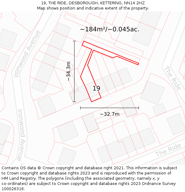 19, THE RIDE, DESBOROUGH, KETTERING, NN14 2HZ: Plot and title map