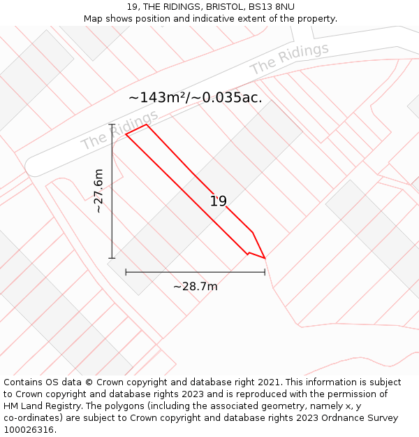 19, THE RIDINGS, BRISTOL, BS13 8NU: Plot and title map