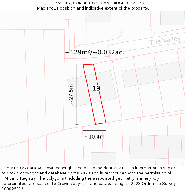 19, THE VALLEY, COMBERTON, CAMBRIDGE, CB23 7DF: Plot and title map