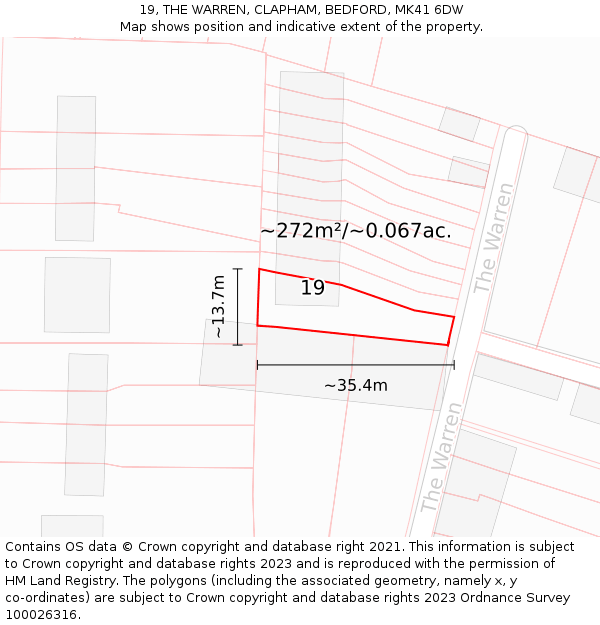 19, THE WARREN, CLAPHAM, BEDFORD, MK41 6DW: Plot and title map
