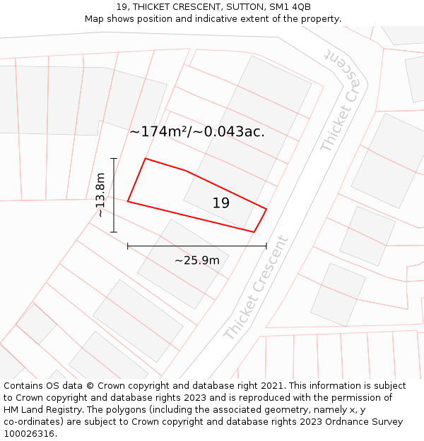 19, THICKET CRESCENT, SUTTON, SM1 4QB: Plot and title map