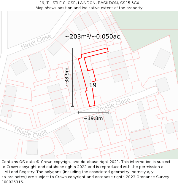 19, THISTLE CLOSE, LAINDON, BASILDON, SS15 5GX: Plot and title map