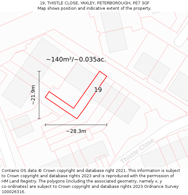 19, THISTLE CLOSE, YAXLEY, PETERBOROUGH, PE7 3GF: Plot and title map