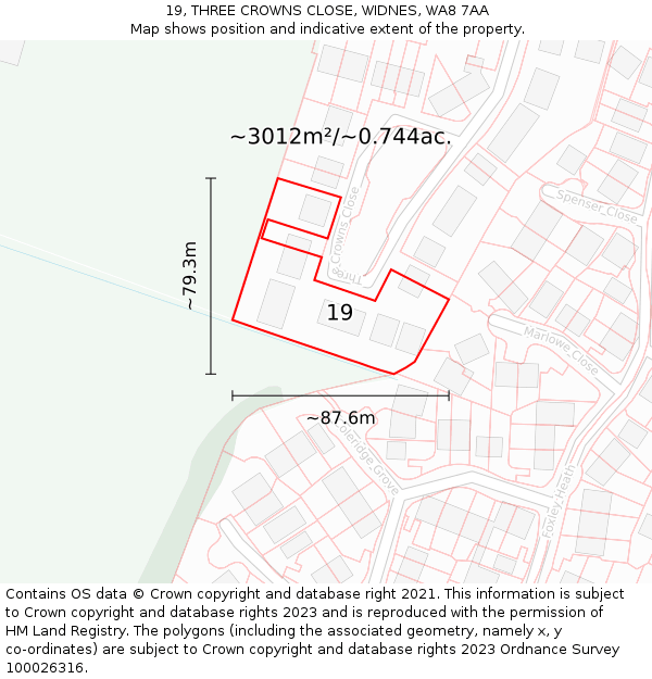 19, THREE CROWNS CLOSE, WIDNES, WA8 7AA: Plot and title map