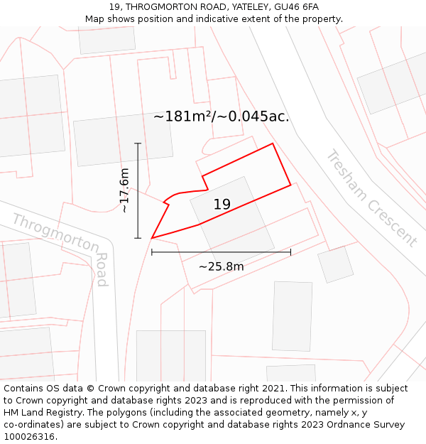 19, THROGMORTON ROAD, YATELEY, GU46 6FA: Plot and title map