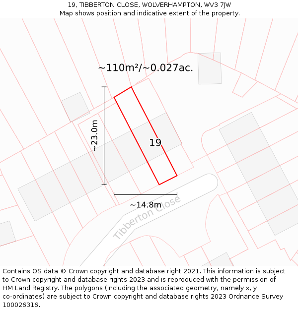 19, TIBBERTON CLOSE, WOLVERHAMPTON, WV3 7JW: Plot and title map
