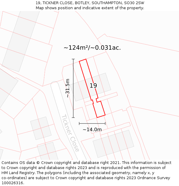 19, TICKNER CLOSE, BOTLEY, SOUTHAMPTON, SO30 2SW: Plot and title map