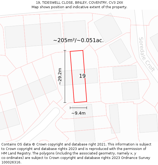 19, TIDESWELL CLOSE, BINLEY, COVENTRY, CV3 2XX: Plot and title map