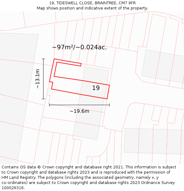 19, TIDESWELL CLOSE, BRAINTREE, CM7 9FR: Plot and title map