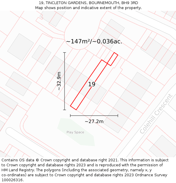 19, TINCLETON GARDENS, BOURNEMOUTH, BH9 3RD: Plot and title map