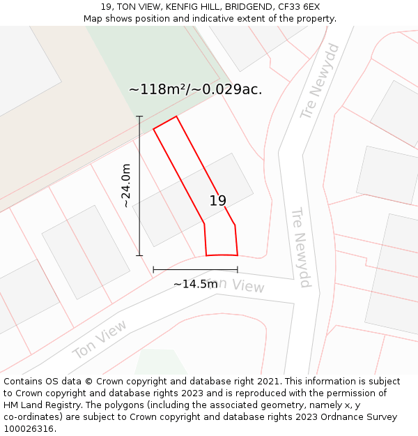 19, TON VIEW, KENFIG HILL, BRIDGEND, CF33 6EX: Plot and title map
