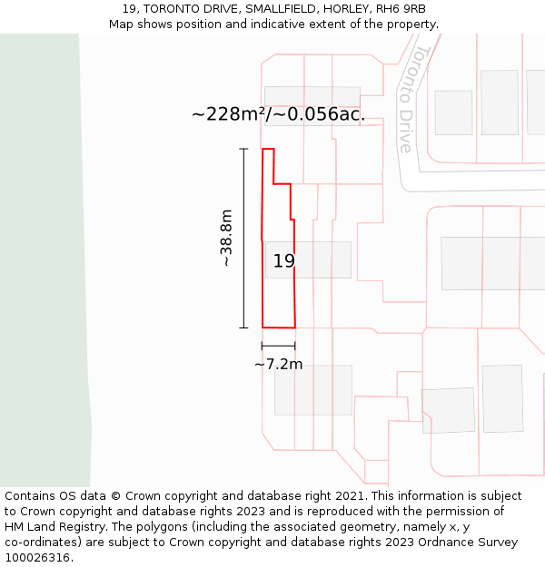 19, TORONTO DRIVE, SMALLFIELD, HORLEY, RH6 9RB: Plot and title map