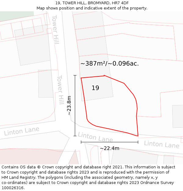 19, TOWER HILL, BROMYARD, HR7 4DF: Plot and title map