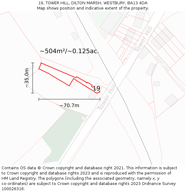 19, TOWER HILL, DILTON MARSH, WESTBURY, BA13 4DA: Plot and title map