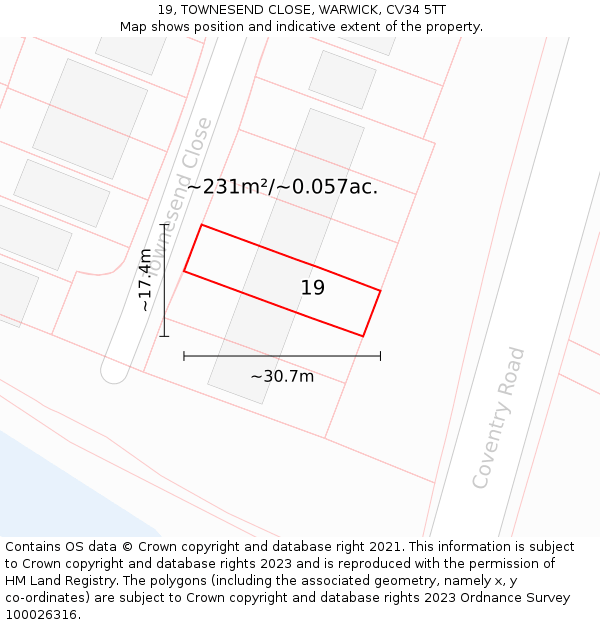 19, TOWNESEND CLOSE, WARWICK, CV34 5TT: Plot and title map