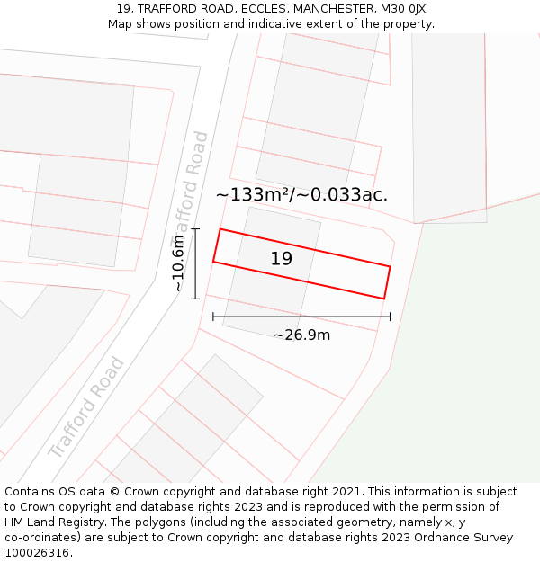19, TRAFFORD ROAD, ECCLES, MANCHESTER, M30 0JX: Plot and title map