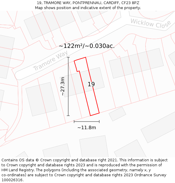 19, TRAMORE WAY, PONTPRENNAU, CARDIFF, CF23 8PZ: Plot and title map