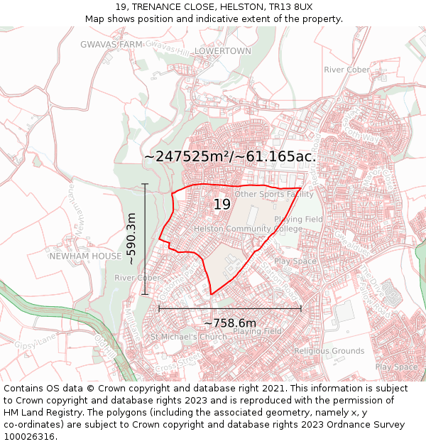 19, TRENANCE CLOSE, HELSTON, TR13 8UX: Plot and title map