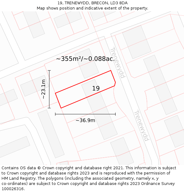 19, TRENEWYDD, BRECON, LD3 8DA: Plot and title map