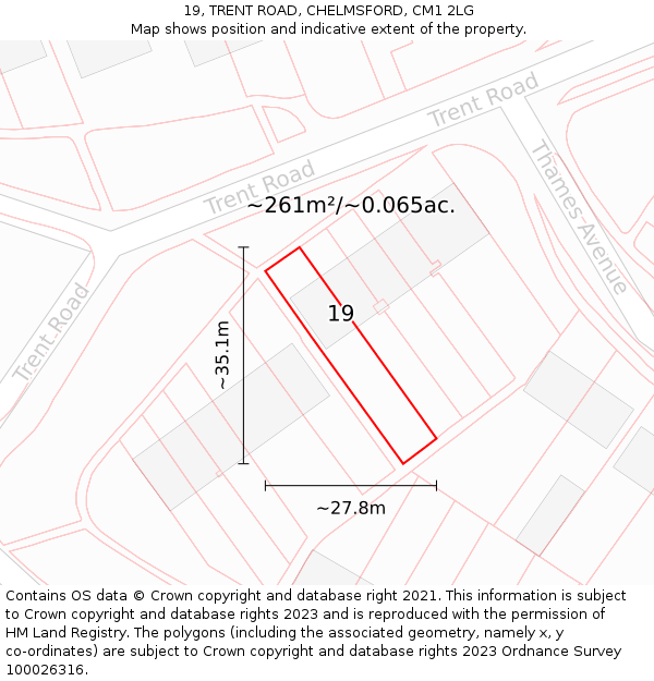 19, TRENT ROAD, CHELMSFORD, CM1 2LG: Plot and title map