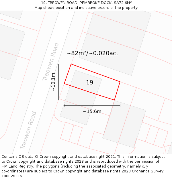 19, TREOWEN ROAD, PEMBROKE DOCK, SA72 6NY: Plot and title map