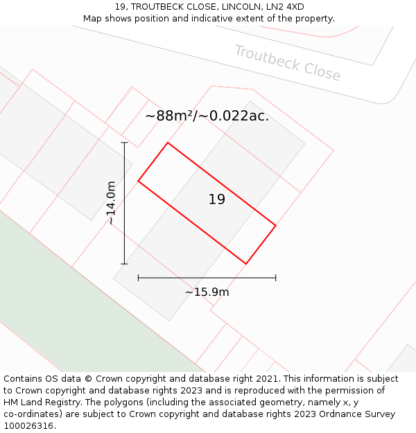 19, TROUTBECK CLOSE, LINCOLN, LN2 4XD: Plot and title map
