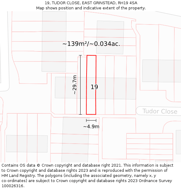 19, TUDOR CLOSE, EAST GRINSTEAD, RH19 4SA: Plot and title map