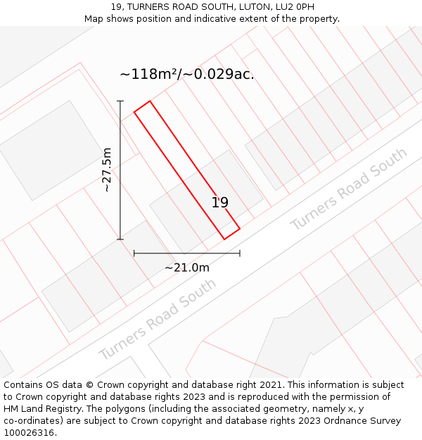 19, TURNERS ROAD SOUTH, LUTON, LU2 0PH: Plot and title map