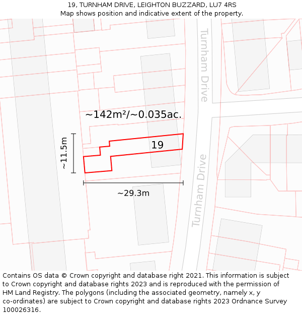 19, TURNHAM DRIVE, LEIGHTON BUZZARD, LU7 4RS: Plot and title map