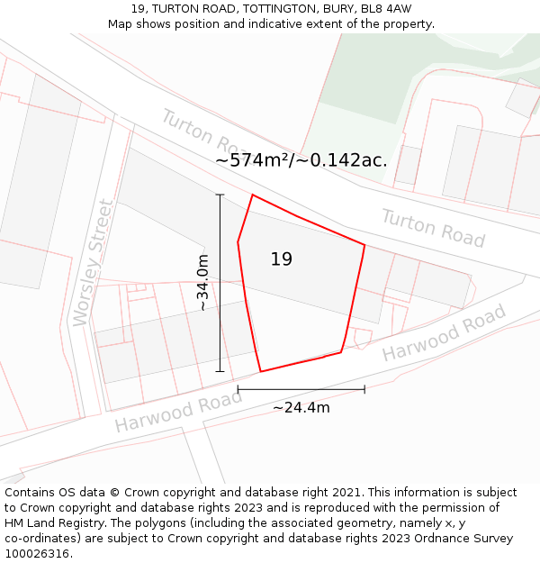 19, TURTON ROAD, TOTTINGTON, BURY, BL8 4AW: Plot and title map