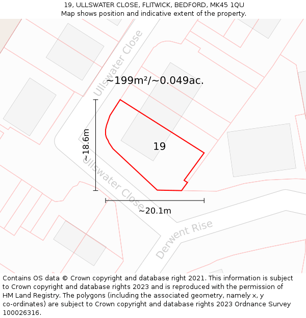19, ULLSWATER CLOSE, FLITWICK, BEDFORD, MK45 1QU: Plot and title map