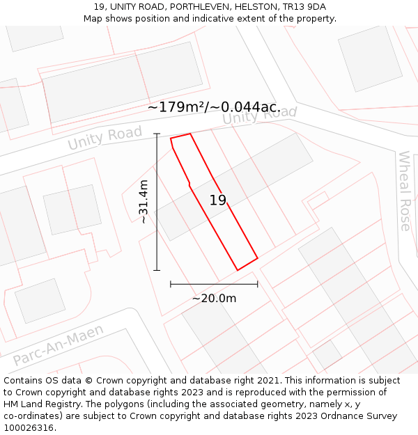 19, UNITY ROAD, PORTHLEVEN, HELSTON, TR13 9DA: Plot and title map