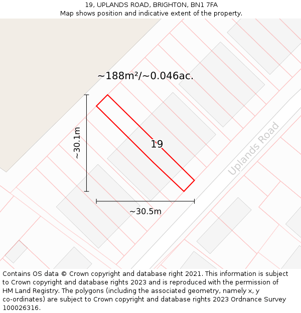 19, UPLANDS ROAD, BRIGHTON, BN1 7FA: Plot and title map