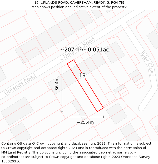 19, UPLANDS ROAD, CAVERSHAM, READING, RG4 7JG: Plot and title map