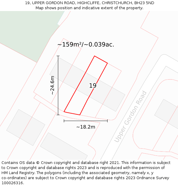 19, UPPER GORDON ROAD, HIGHCLIFFE, CHRISTCHURCH, BH23 5ND: Plot and title map