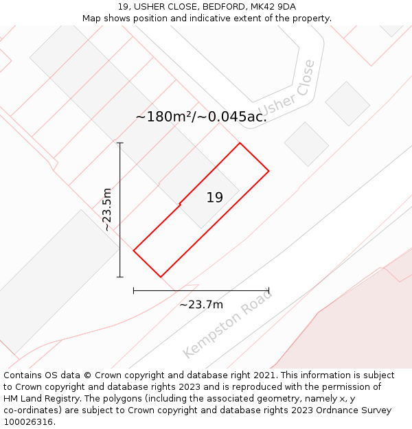 19, USHER CLOSE, BEDFORD, MK42 9DA: Plot and title map