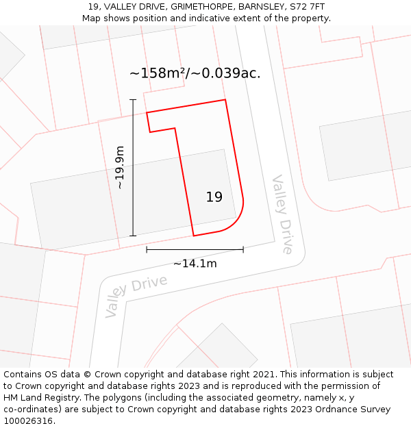 19, VALLEY DRIVE, GRIMETHORPE, BARNSLEY, S72 7FT: Plot and title map