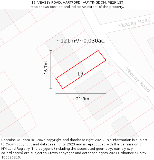 19, VEASEY ROAD, HARTFORD, HUNTINGDON, PE29 1ST: Plot and title map