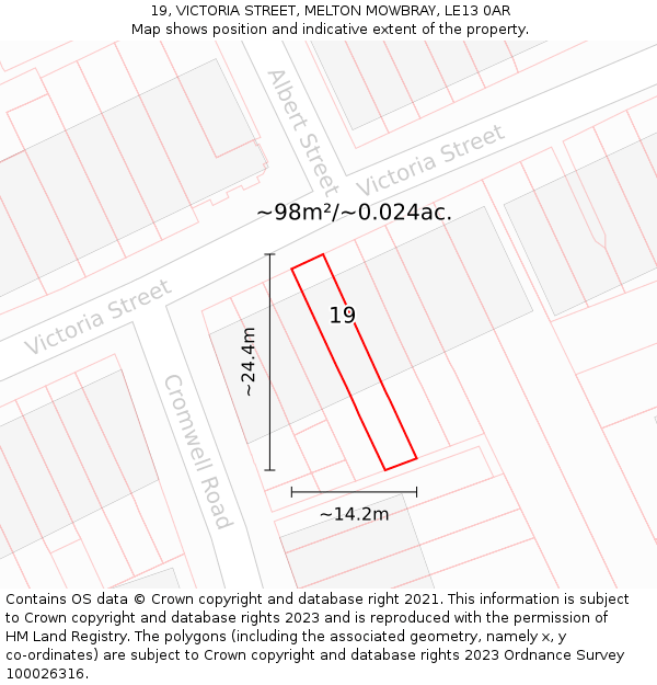 19, VICTORIA STREET, MELTON MOWBRAY, LE13 0AR: Plot and title map