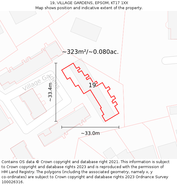 19, VILLAGE GARDENS, EPSOM, KT17 1XX: Plot and title map