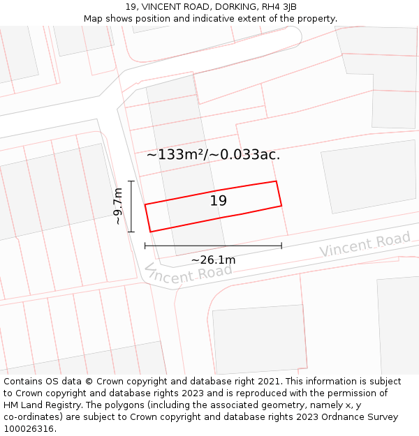 19, VINCENT ROAD, DORKING, RH4 3JB: Plot and title map